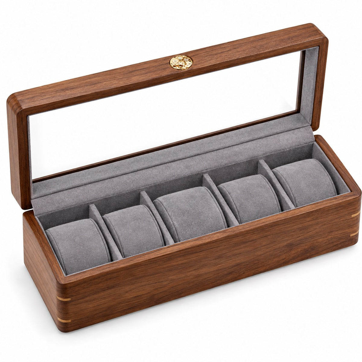 Pollux Walnut Watch Box in 5-Slot / 3 Large + 2 Small, open with empty compartments, studio view on white #Size_5-Slot|Cushions Style_3 Large + 2 Small