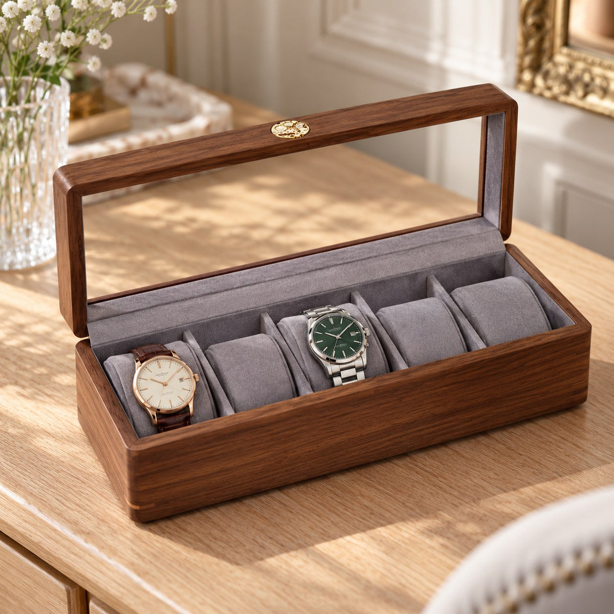 Pollux Walnut Watch Box in 5-Slot / 3 Large + 2 Small, on a dressing table #Size_5-Slot|Cushions Style_3 Large + 2 Small