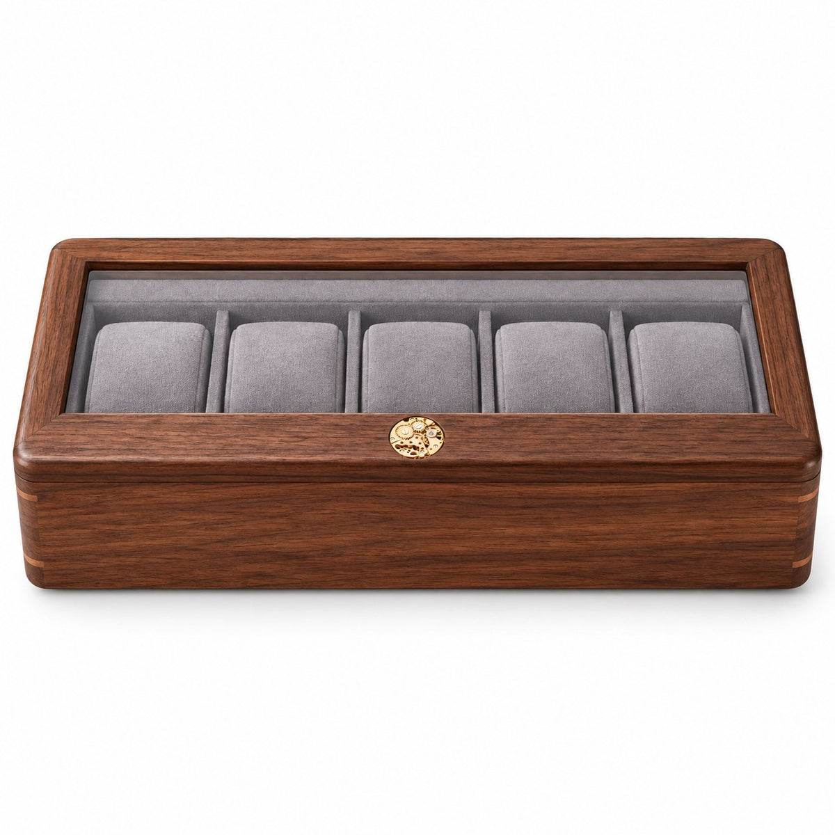 Pollux Walnut Watch Box in 5-Slot / Large, closed, studio view on white #Size_5-Slot|Cushions Style_Large