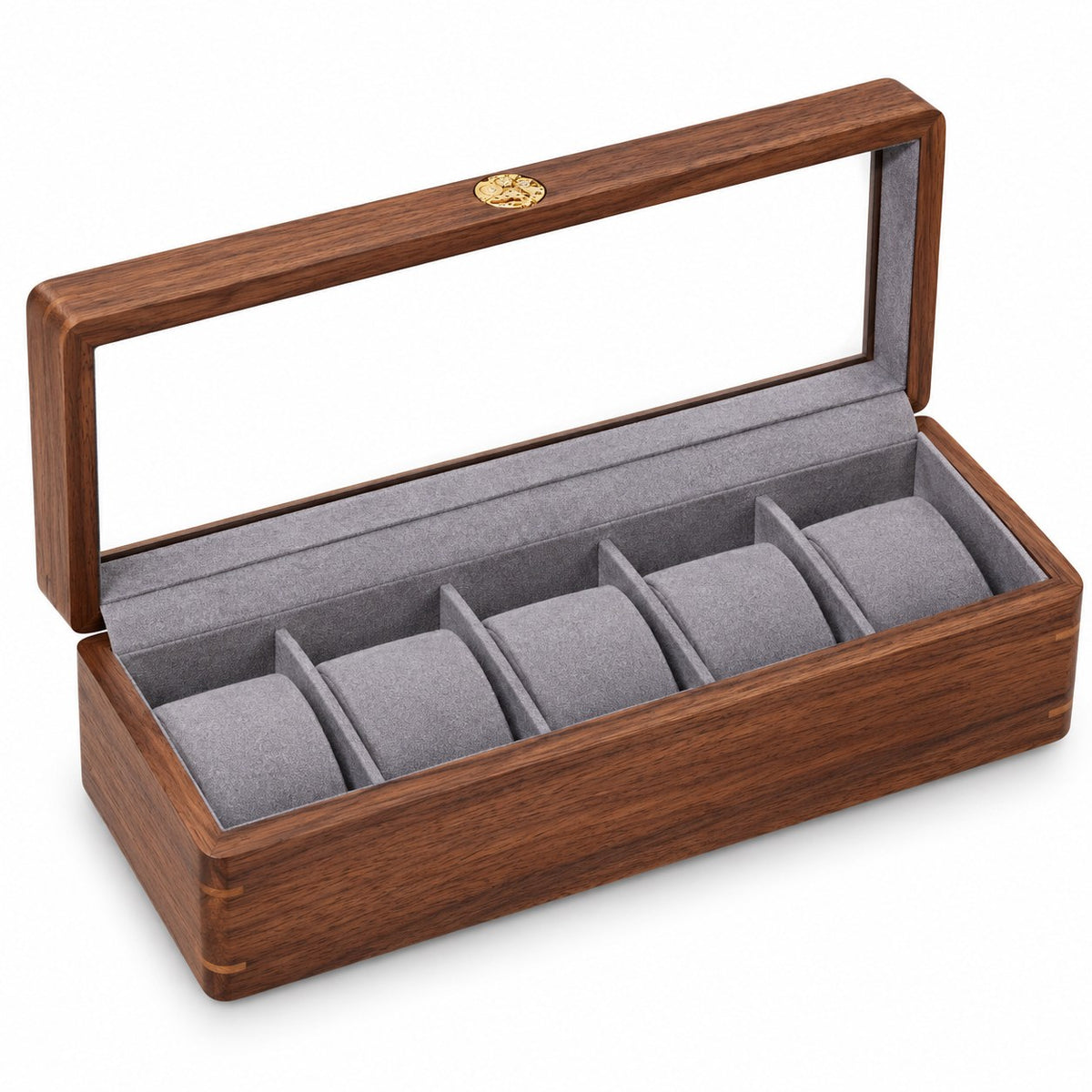 Pollux Walnut Watch Box in 5-Slot / Small, open with empty compartments, studio view on white #Size_5-Slot|Cushions Style_Small