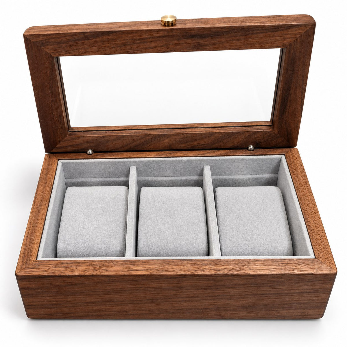 Rigel Walnut Watch Box in 3-Compartment Style / Large, open with empty compartments, studio view on white #Style_3-Compartment Style|Watch Pillow_Large