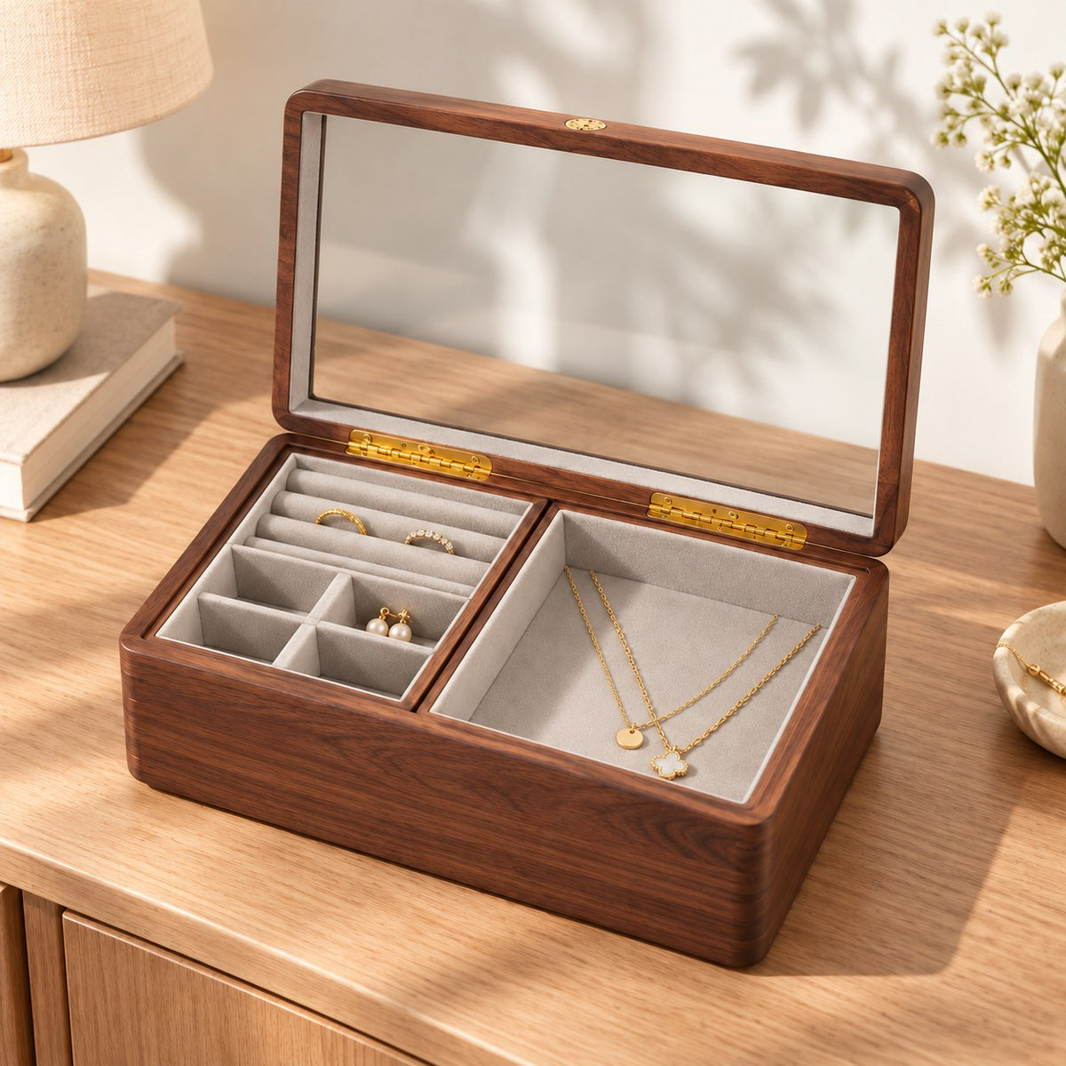 Spica Glass-Top Jewellery Box in Small / Grey, on a sideboard in natural light #Size_Small