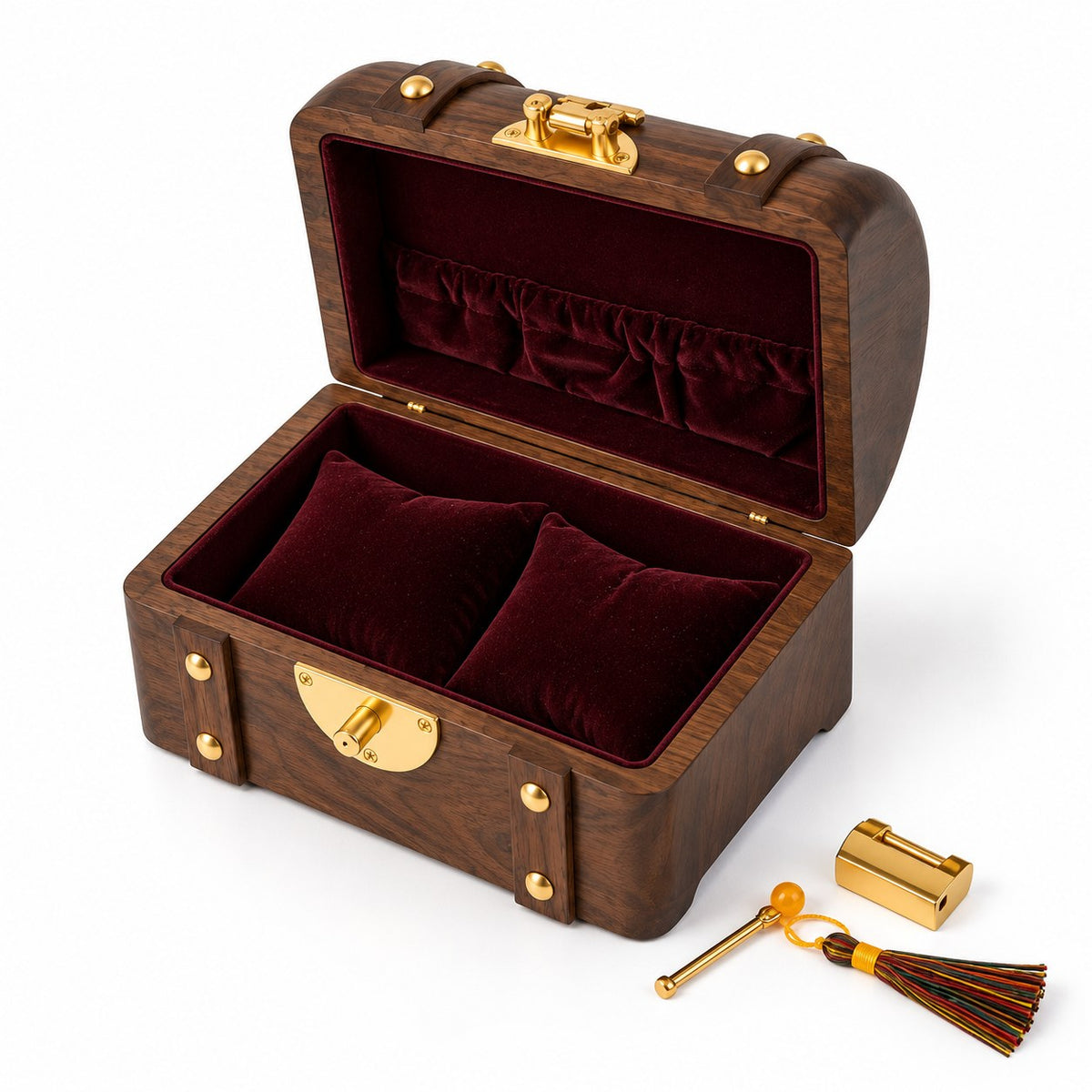 Thesaura Walnut Treasure Chest, Bracelet Box fitting with two cushions, studio view on white #Fitted For_Bracelet Box