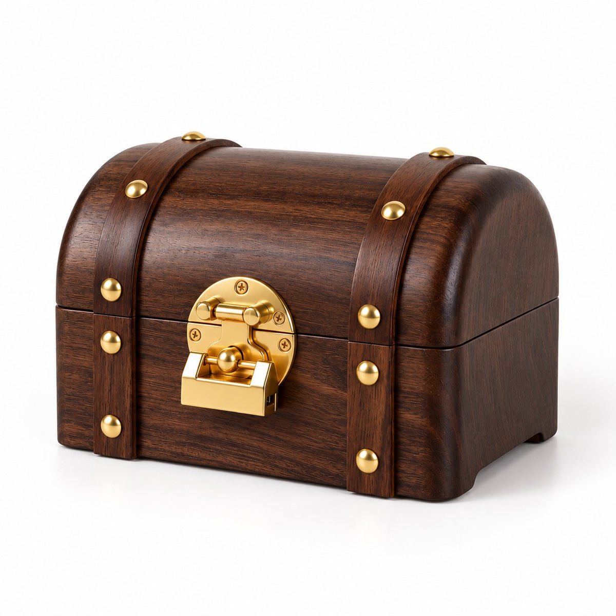 Thesaura Walnut Treasure Chest, closed, three-quarter view on white #Fitted For_Empty Box