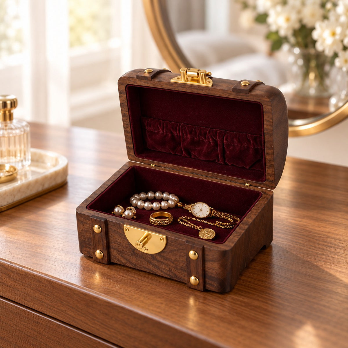 Thesaura Walnut Treasure Chest, Empty Box fitting, on a dressing table #Fitted For_Empty Box