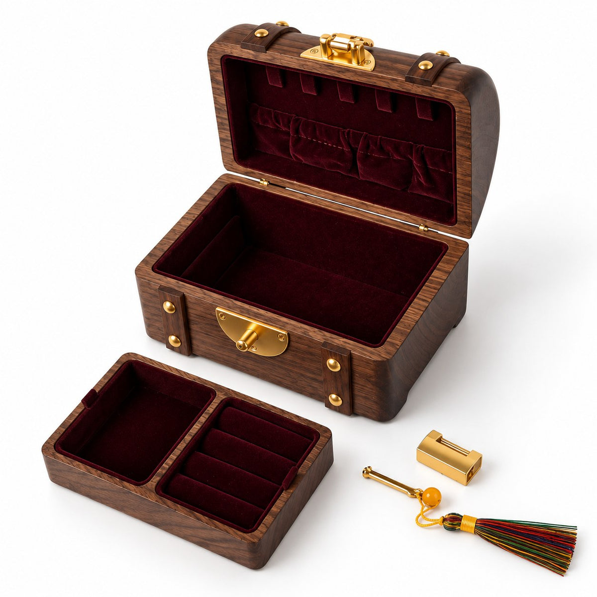 Thesaura Walnut Treasure Chest, Jewellery Box fitting, open with removable tray, studio view on white #Fitted For_Jewellery Box