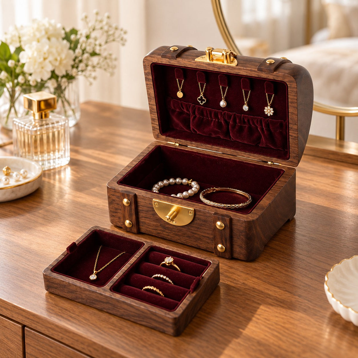 Thesaura Walnut Treasure Chest, Jewellery Box fitting, on a dressing table #Fitted For_Jewellery Box