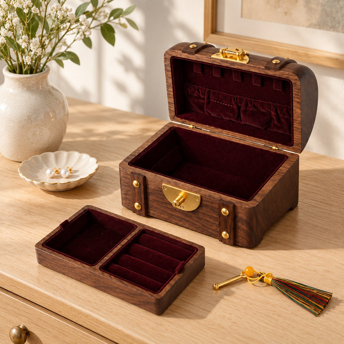 Thesaura Walnut Treasure Chest, Jewellery Box fitting, on a sideboard in natural light #Fitted For_Jewellery Box