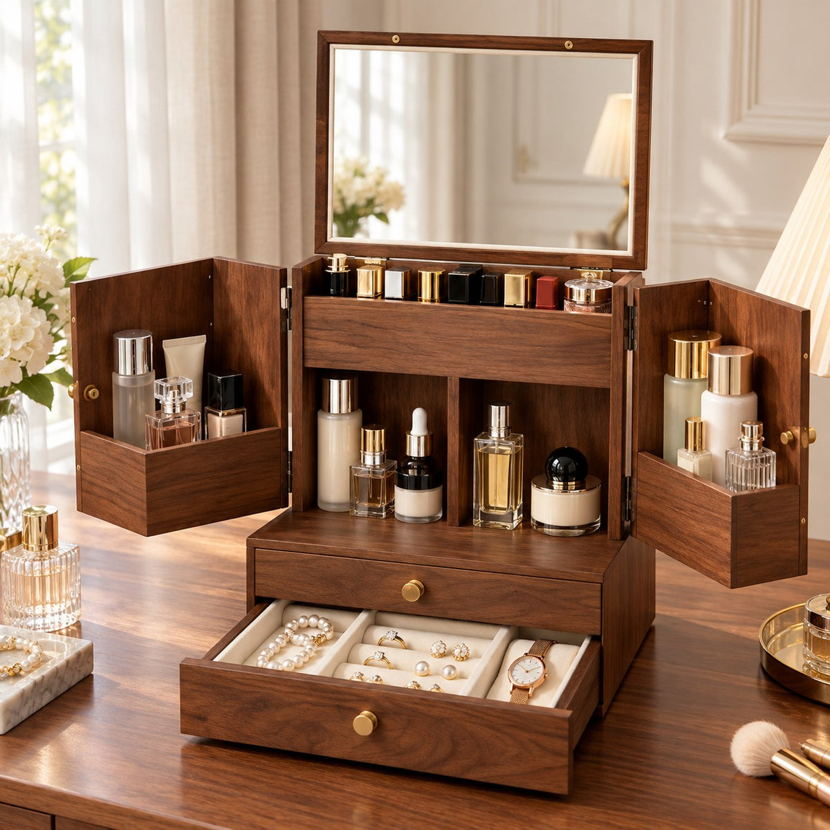 Venusta Walnut Vanity Cabinet, on a dressing table