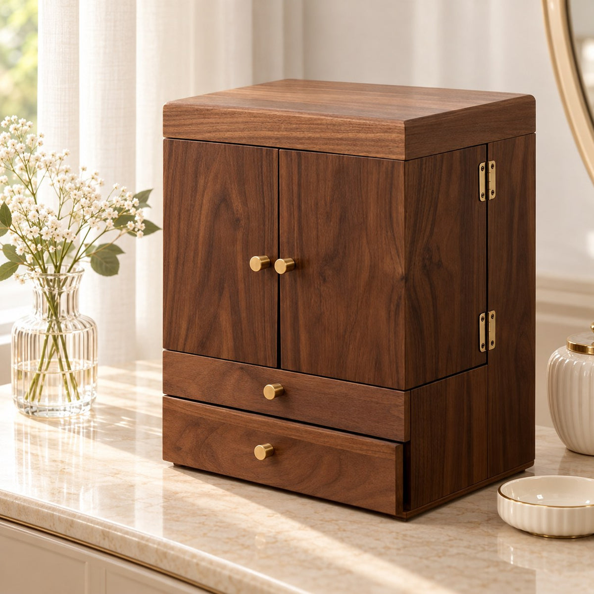 Venusta Walnut Vanity Cabinet, on a sideboard in natural light