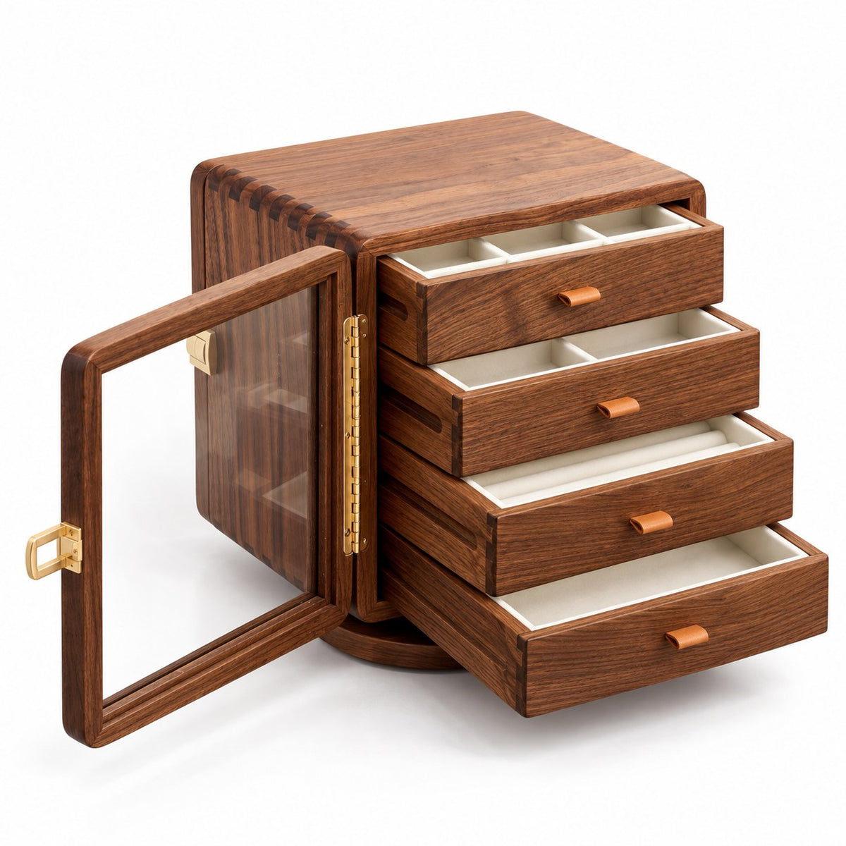 Vertia Rotating Jewellery Cabinet, open with empty compartments, studio view on white