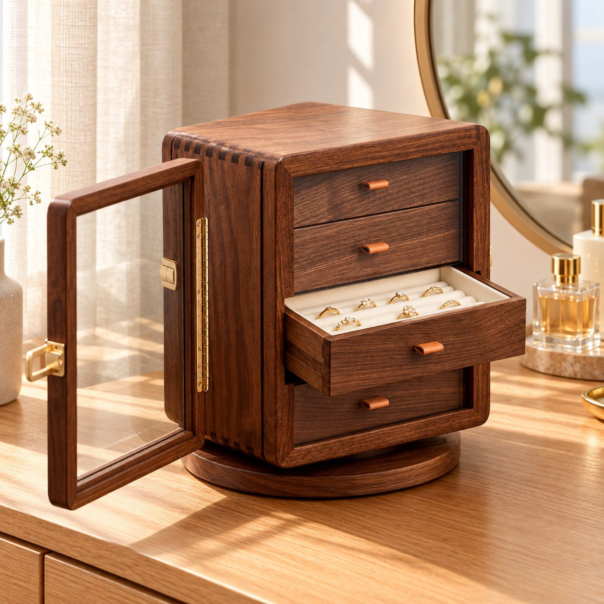 Vertia Rotating Jewellery Cabinet, on a dressing table