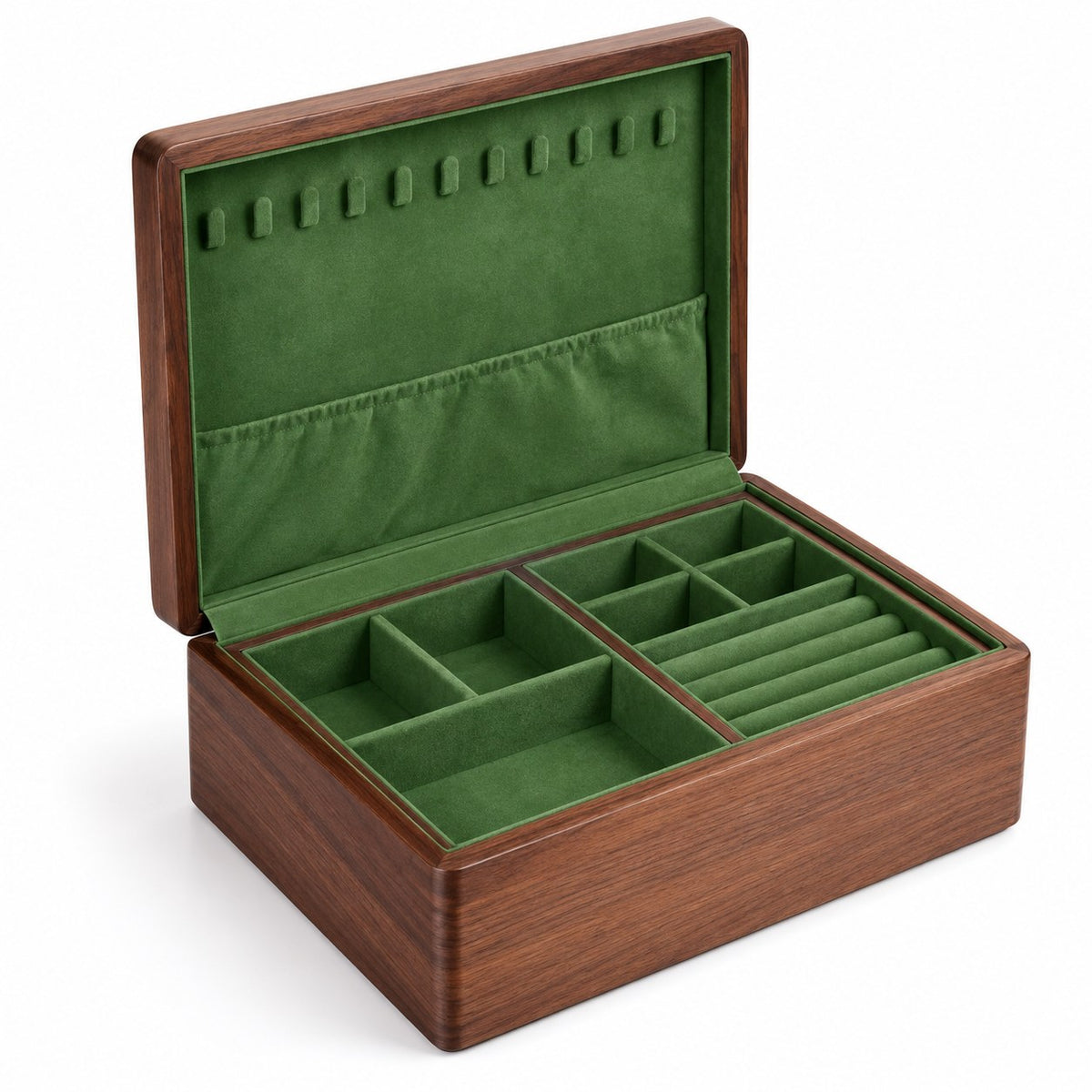 Viridia Two-Tier Jewellery Box in Small, open with empty compartments, studio view on white #Size_Small